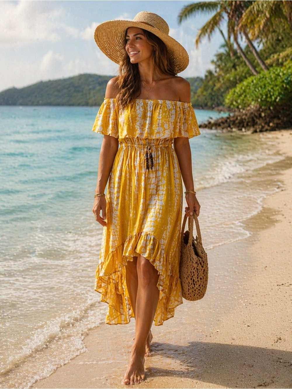 🎈HP🎉🥳 Yellow Tie Dye Strapless Ruffle Dress Festival Boho Size M